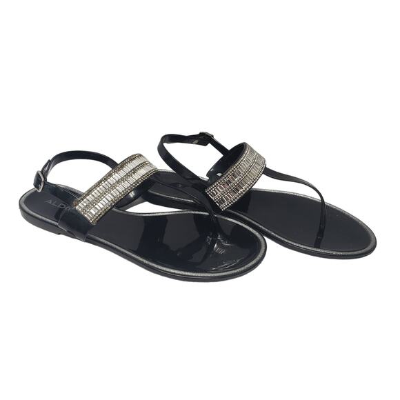 Aldo Black Silver Bedazzled Flip Flop Adjustable Back Strap Dressy Sandals - Picture 1 of 6